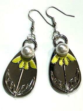 Pearl-Accent Silver Teardrop Earrings with Yellow Floral Detail